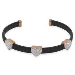 Black Tone Stainless Steel and Rose Gold Plated Crystal Heart Cuff Bracelet