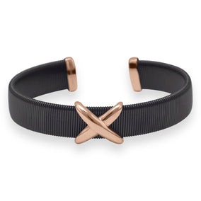 Black Tone Stainless Steel Cuff Bracelet with Rose Gold Plated "X" Design