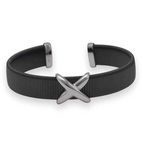 Black Tone Stainless Steel Cuff Bracelet with "X" Design