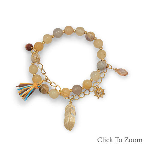Agate Bead Fashion Bracelet with Gold Tone Chain and Charms