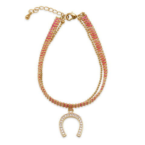 18K Gold Plated Copper Bracelet with Pink Thread and CZ Horseshoe