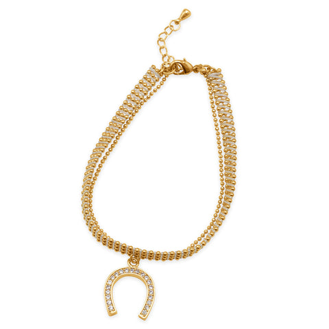 18K Gold Plated Copper Bracelet with White Thread and CZ Horseshoe