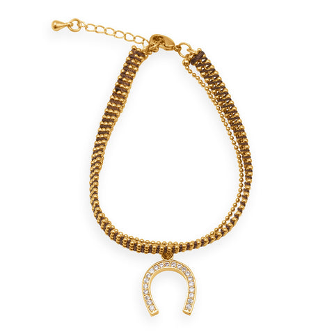 18K Gold Plated Copper Bracelet with Brown Thread and CZ Horseshoe