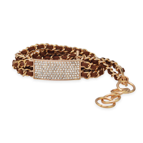 7" - 7.5" Tan Leather Fashion Bracelet with Gold Tone Chain