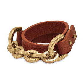 7" Orange Leather Fashion Wrap Bracelet with Gold Tone Links