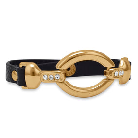 7.25" - 8" Black Leather Fashion Bracelet with Gold Tone Oval Link