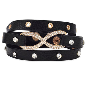 7" - 7.5" Black Leather Fashion Wrap Bracelet with Gold Tone Crystal Infinity Symbol