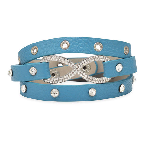 7" - 7.5" Blue Leather Fashion Wrap Bracelet with Silver Tone Crystal Infinity Symbol