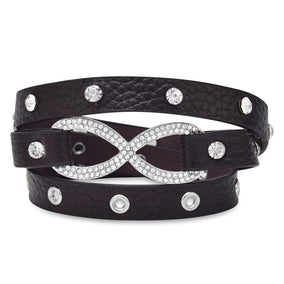7" - 7.5"  Brown Leather Fashion Wrap Bracelet with Silver Tone Crystal Infinity Symbol