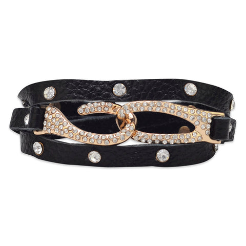 7.25" Black Leather Fashion Wrap Bracelet with Crystal Hook Closure
