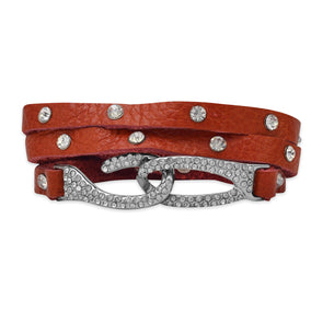 7.25" Orange Leather Fashion Wrap Bracelet with Crystal Hook Closure