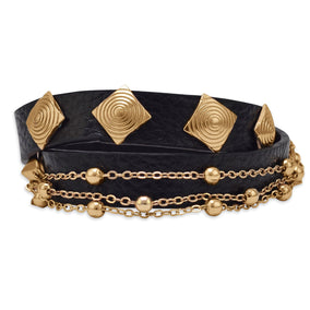 7" Black Leather Fashion Wrap Bracelet with Gold Tone Beaded Chain