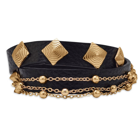 7" Black Leather Fashion Wrap Bracelet with Gold Tone Beaded Chain