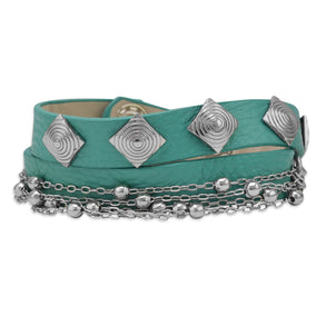 7" Turquoise Leather Fashion Wrap Bracelet with Beaded Chain