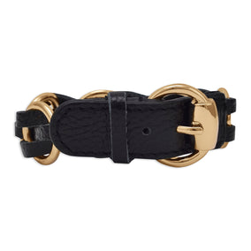 8" - 9" Black Leather Fashion Bracelet with Round Gold Tone Links