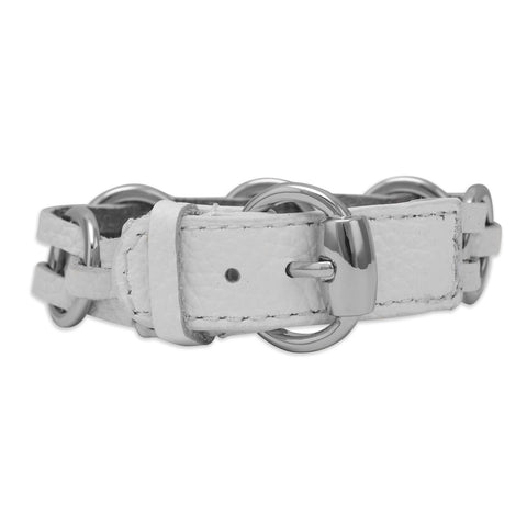 8" - 9" White Leather Fashion Bracelet with Round Silver Tone Links