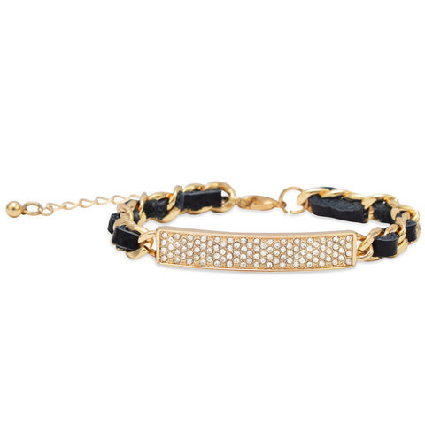 7" + 2" Thin Black Leather Fashion Bracelet with Gold Tone Chain