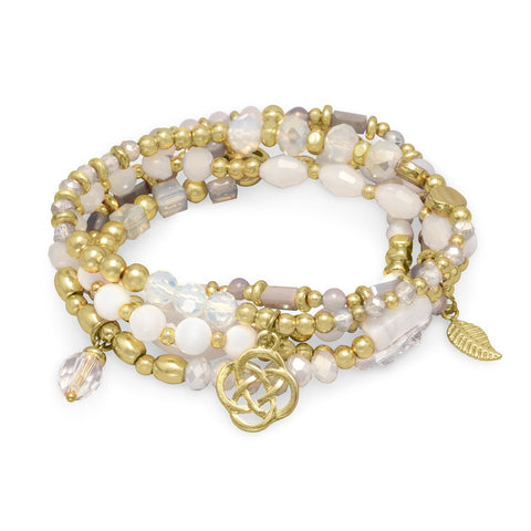 Set of 5 Gold Tone Fashion Stretch Bracelets with White Beads