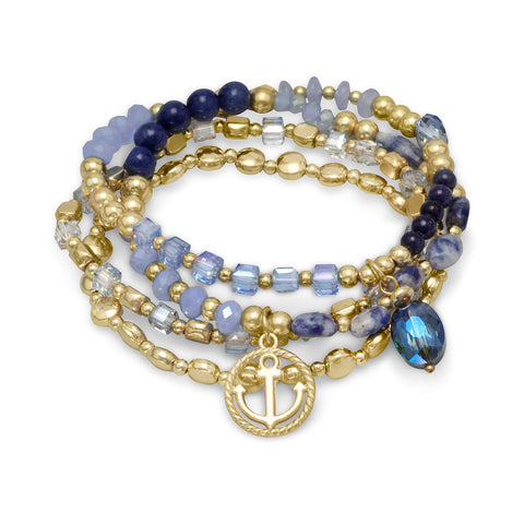 Set of 4 Gold Tone Fashion Stretch Bracelets with Blue Agate