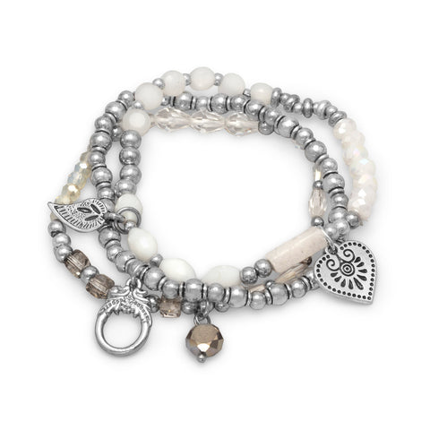 Set of 3 Silver Tone Multicharm Fashion Stretch Bracelets with White Beads