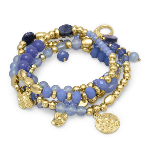 Set of 4 Gold Tone Multicharm Fashion Stretch Bracelets with Blue Agate