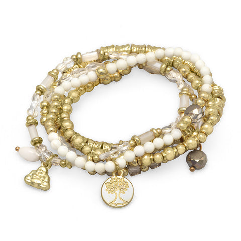 Set of 5 Gold Tone Multicharm Fashion Stretch Bracelets with White Beads