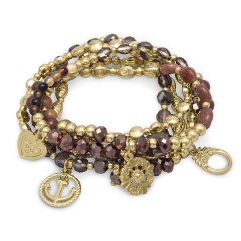 Set of 6 Gold Tone Multicharm Fashion Stretch Bracelets with Brown Beads