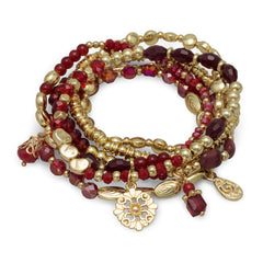 Set of 6 Gold Tone Multicharm Fashion Stretch Bracelets with Red Beads