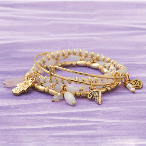 Set of 3 Gold Tone Fashion Stretch Bracelets with White Beads