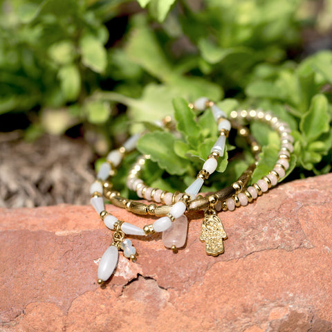 Set of 3 Gold Tone Fashion Stretch Bracelets with White Beads