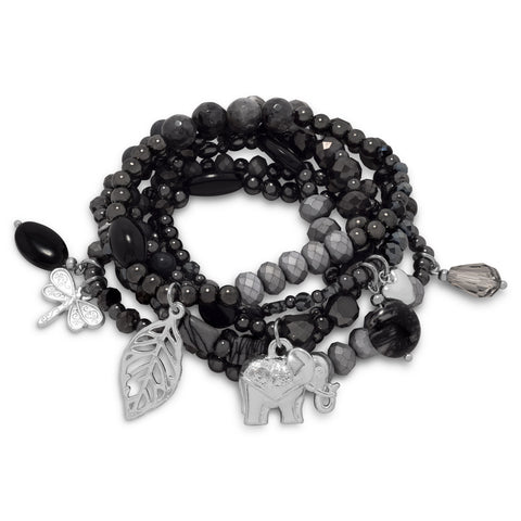 Set of 6 Gun Metal Tone Fashion Stretch Bracelets with Silver Tone Charms