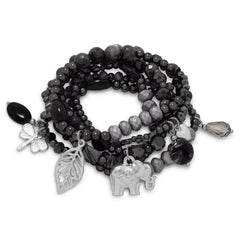 Set of 6 Gun Metal Tone Fashion Stretch Bracelets with Silver Tone Charms