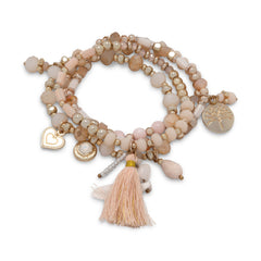 Set of 4 Gold Tone Fashion Multicharm Stretch Bracelets with Peach Tassel
