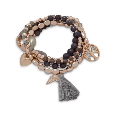 Set of 4 Champagne Gold Tone Fashion Multicharm Stretch Bracelets with Tassle