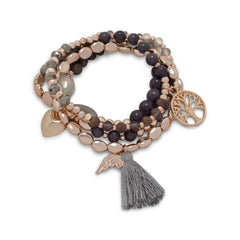 Set of 4 Champagne Gold Tone Fashion Multicharm Stretch Bracelets with Tassel