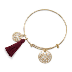 Gold Tone Expandable Burgundy Tassel Charm Fashion Bangle Bracelet
