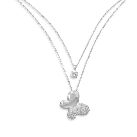 CZ Solitaire and Pave Crystal Butterfly Silver Plated Brass Necklace
