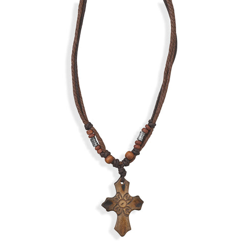 14" - 18" Multistrand Cord Fashion Necklace with Carved Cross