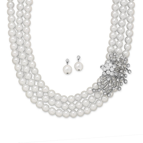 18"+ 2" Glass Pearl and Crystal Fashion Necklace and Earring Set
