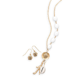 Gold Tone Shell Charm Necklace and Earring Set