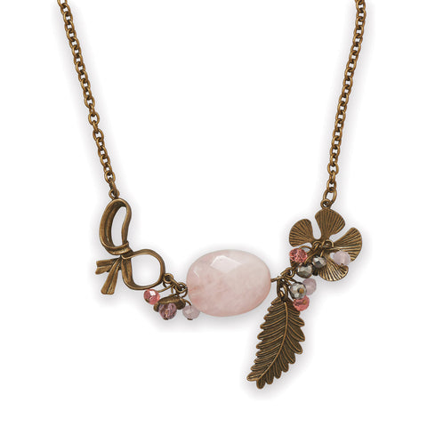 18" + 1.5" Ornate Antique Brass and Rose Quartz Necklace