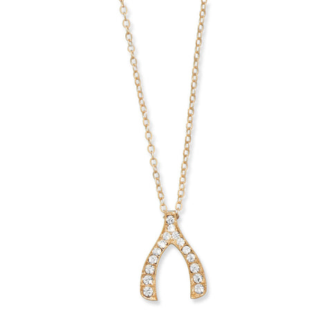 16" + 3" Gold Tone Crystal Wishbone Fashion Necklace