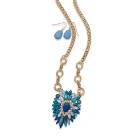 Blue Star Burst Long Fashion Necklace and Earring Set