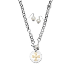 Two Tone Fashion Necklace and Earring Set with Cross Medallion