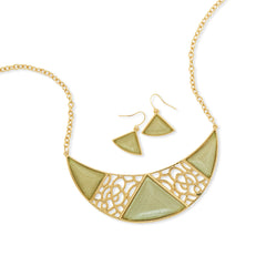 Ornate Green Crescent Shape Fashion Necklace and Earring Set