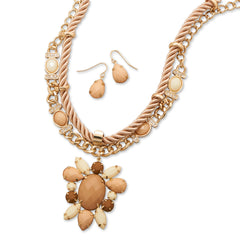 Tan Satin Cord and Acrylic Fashion Necklace and Earring Set