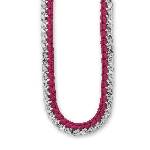 20" + 3" Silver Tone Fashion Necklace with Fuchsia Cord