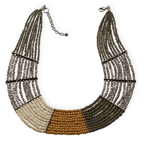 19" + 3" Multistrand Olive, Yellow and Ivory Bead Fashion Necklace