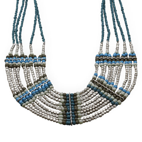 18" + 3" Multistrand Mint, Brown and Blue Glass Bead Fashion Necklace