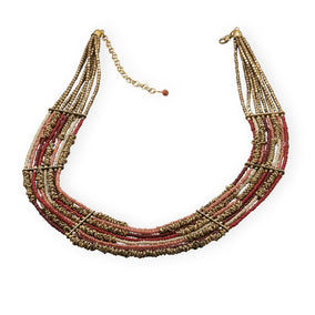 20" + 3" Multistrand Brass Necklace with Red and Pink Glass Beads